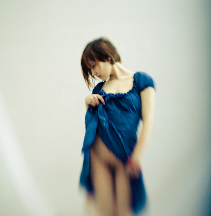   (blue dress)